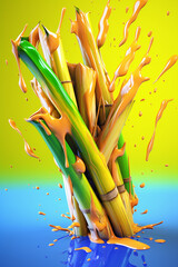 Poster - An abstract surreal photograph of a Bamboo shoots splashed in bright paint, symbolizing freshness and health. Generative AI technology.