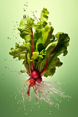 Poster - An abstract surreal photograph of a Turnip greens splashed in bright paint, symbolizing freshness and health. Generative AI technology.