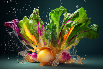 Leinwandbilder - An vibrant photograph of a Turnip greens splashed in bright paint, symbolizing freshness and health. Generative AI technology.