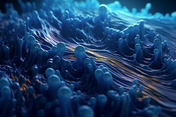 Poster - An elongated bacterial colony with a wavy pattern and a deep blue color, resembling a swirling wave. Generative AI technology.