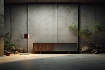 Poster - A rendering of a television placed on a cabinet in a living room with a concrete wall, done in a nighttime setting.