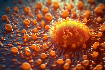 Poster - A bacterial colony with a circular shape and a bumpy surface, exhibiting a vibrant orange color.  Generative AI technology.