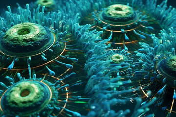 Poster - A spreading bacterial colony with intricate patterns of concentric circles, exhibiting a combination of blue and green hues.  Generative AI technology.