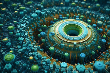 Poster - A spreading bacterial colony with intricate patterns of concentric circles, exhibiting a combination of blue and green hues.  Generative AI technology.