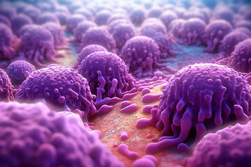 Poster - A dense bacterial colony with a textured surface, resembling a fuzzy carpet, and featuring a pale purple coloration. Generative AI technology.