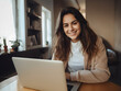 © P Stock - Generative ai of happy young woman sitting at home working with laptop via remote control.