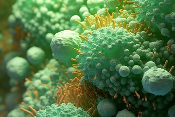 Poster - A bacterial colony with irregular edges and a rough surface, resembling a cluster of small spheres, and displaying a pale green color.  Generative AI technology.