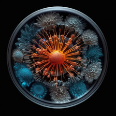 Poster - A petri dish with bacterial colonies spreading outwards from a central point, forming intricate patterns reminiscent of a snowflake.  Generative AI technology.