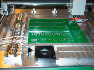 Poster - Production of digital boards. Manufacturing computer chips. Process creating computer board. PCB testing equipment. Automatic production digital boards. Factory for production digital circuit boards