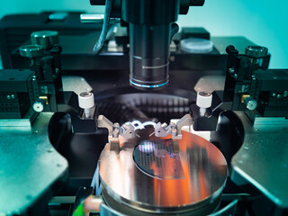 Poster - Microprocessors testing equipment. Manufacturing of microchips. Close-up study of test sample of transistor. Microprocessors under microscope in laboratory. Automation of production microprocessors.