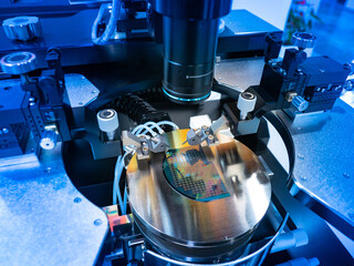 Poster - Manufacture of microchips. Creation nanochips. Equipment for production of microchips. Creation and testing of electronic chip under microscope. Microchip testing equipment. Microelectronics factory