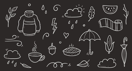 Poster - Autumn doodle vector chalkboard set. Hand drawn doodle sketch style nature fall season, autumn icon background. Autumn falling leaves, wind season, umbrella sketch elements. Vector illustration