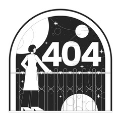 Fototapete - Female astronomy black white error 404 flash message. Scientist observe sky. Monochrome empty state ui design. Page not found popup cartoon image. Vector flat outline illustration concept
