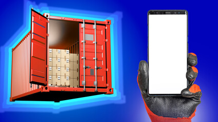 Poster - Phone is in hand logistician. Sea container on blue. Smartphone with white screen. Cargo container for transporting goods. Logistic mock up. Phone with blank display. Delivery, distribution, shipment