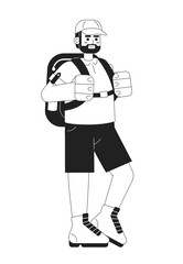 Excited caucasian man with backpack monochromatic flat vector character. Editable full body person in clothes ready to travelling on white. Simple bw cartoon spot image for web graphic design