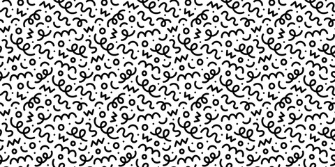 Fun black and white abstract line doodle seamless pattern. Creative minimalist style art background for children or trendy design with basic shapes. Simple childish scribble backdrop.