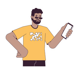 Poster - Man holding hand on waist flat line color vector character. Editable outline half body person on white. Looking on smartphone screen simple cartoon spot illustration for web graphic design