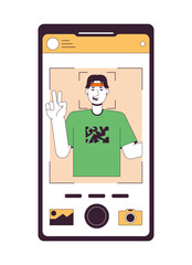 Poster - Taking photo on front camera flat line concept vector spot illustration. Using gadget 2D cartoon outline object on white for web UI design. Editable isolated color hero image