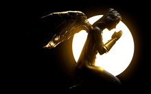 3d Render Illustration Of Antique Golden Female Angel Statue Sitting Praying Side View With Glowing Sun On Black Background.