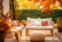 A Tranquil Backyard Patio With Elegant Outdoor Furniture And Cushions In Autumn Season. Generative AI.