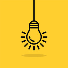 Black Hanging Lightbulb On Yellow Background. Concept Of Aha Moment Or Quizz Sign Or Easy Think Outside The Box. Simple Outline Trend More Efficiency Logotype Graphic Web Design Element