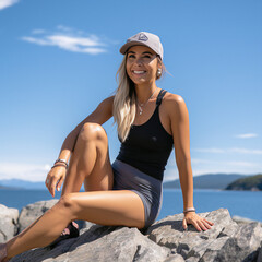 Wall Mural - Female influencer  wearing a cap posing with one knee bent on rocks in front of lake with blue skies super dynamic low camera angle