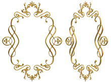 Isolated 3d Render Illustration Of Golden Baroque Ornate Picture Frame With Cross Elements, Front And 3/4 View.