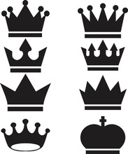 Set Of Flat Crown Icon Template Color Editable. Black Silhouettes Of Crown Isolated On A White Background. Royal Crown Symbol. Line Crown Icon. Vector Flat Crown.