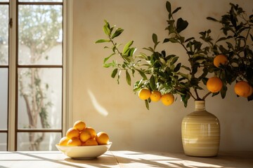 Sticker - In the dining room of a Mediterraneaninspired home during the summer, there is a modern interior lifestyle scene. A plant bearing fruit sits on a table, illuminated by natural light that casts soft