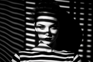 Wall Mural - Black and white photo of woman's face with shadow on the wall.