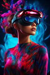 Poster - Woman wearing pair of goggles in front of blue background.