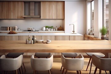 Sticker - A rendering of a modern contemporary kitchen room with a wooden table top against a blurred background.