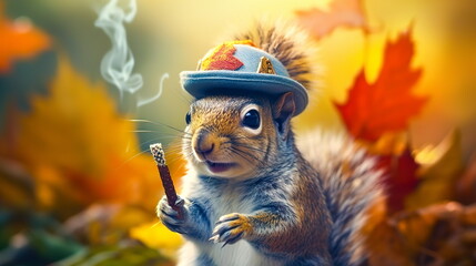 Wall Mural - A funny squirrel in a hat with a joint of marijuana against the background of an autumn forest. A beautiful card for Thanksgiving.Generative AI