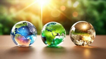 Wall Mural - transparent crystal spheres filled with sunlight on brown surface with blurred background. glass glo