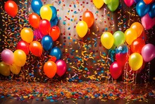 Beautiful Happy Birthday Background With Balloons, Cake With Candel And Happy Birthday Texted On It - Generative AI