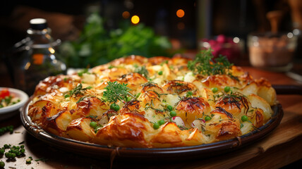 Wall Mural - delicious homemade baked cheese with vegetables and herbs