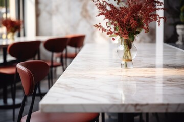 Poster - The background of the cafe restaurant interior is a blurred abstract design, while the table top is made of smooth, glossy marble.