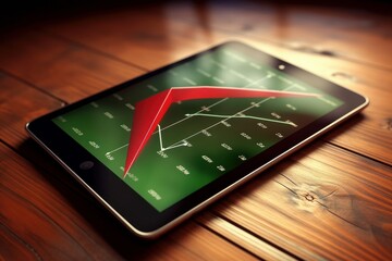 Poster - Tablet with financial rise and fall chart on wooden table. Red graph of financial market, energy prices, business and technology development. Financial analysis, results and forecasts. Template.