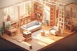 A digital art rendering showcasing the interior architecture of an open living room in Muji style, presented in isometric view.