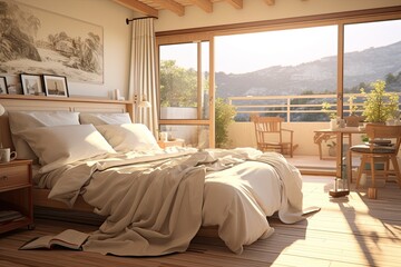 Wall Mural - Sunlight filters through a bedrooms bright, airy atmosphere onto a bed.