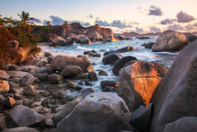 Scenic View Of The Large, Boulders On The Seaside Shores Of The Baths At Twilight, A Famous Beach In The BVI's; Virgin Gorda, British Virgin Islands, Caribbean