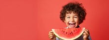 Happy boy holding a slice of watermelon on an empty background with copy space. Generative AI.