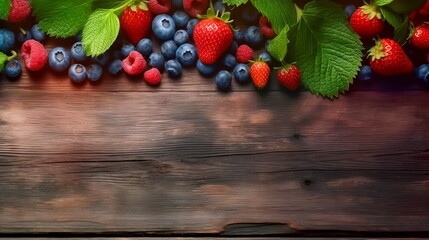 Wall Mural - Variety of berries and leaves on a wooden background.Generative AI