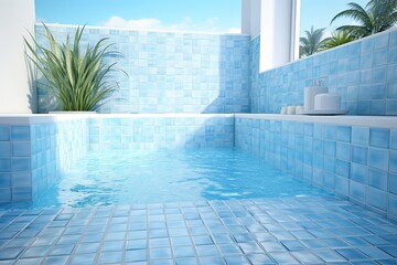 A background in architectural design using ceramic wall tiles. The tiled floor in the bathroom has a light blue pastel color. The illustration showcases soft, blue pastel wall tiles. The swimming pool