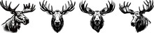 Moose Elk Head Portrait Black Silhouette Vector Set