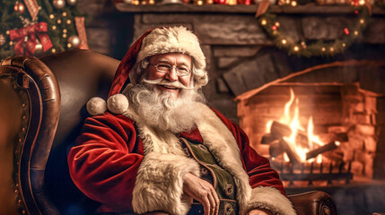 Wall Mural - Santa Claus sitting in chair by the fireplace. Christmas and New Year concept. Home decoration. 