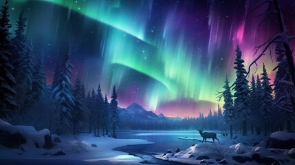 Poster - a deer is standing in the snow under the aurora bore. generative ai