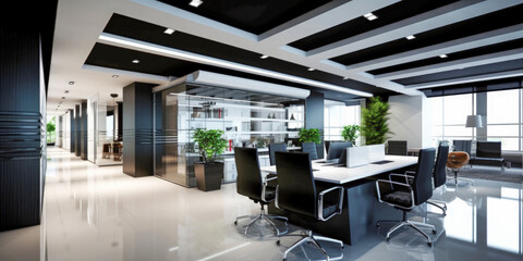 Sticker - Futuristic modern office. Business corporation room - Generative AI