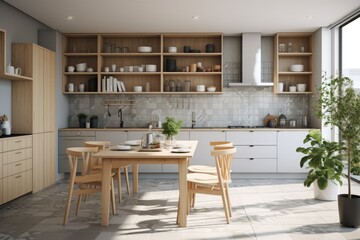 Poster - A contemporary kitchen with grey patterned tiles and wooden furnishings. There is a large window allowing ample natural light to illuminate the space, along with a plant accent, all within a