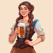 Illustration with portrait waitress wearing traditional clothes and holding beers at the festival Oktoberfest. She is smiling and happy. German culture and celebration concept. 
